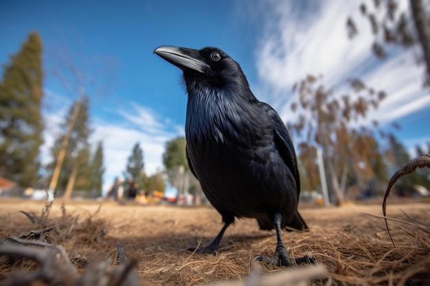 C'è un uccello nero in piedi a terra nei boschi generativo ai