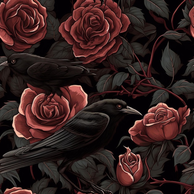 C'è un uccello nero seduto su un ramo di un albero di rose generativo ai