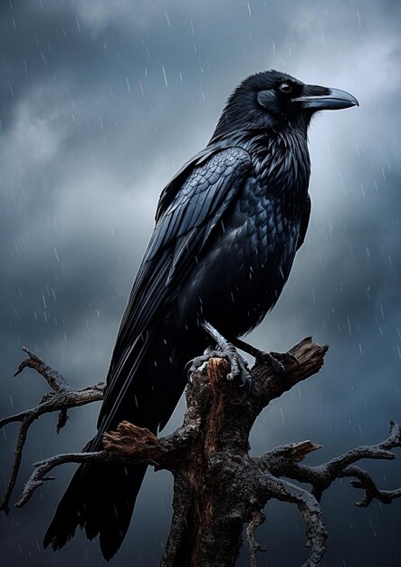 c'è un uccello nero seduto su un ramo nella pioggia generativo ai