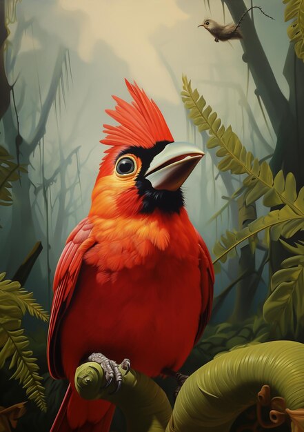 c'è un uccello rosso con un becco nero seduto su un ramo generativo ai