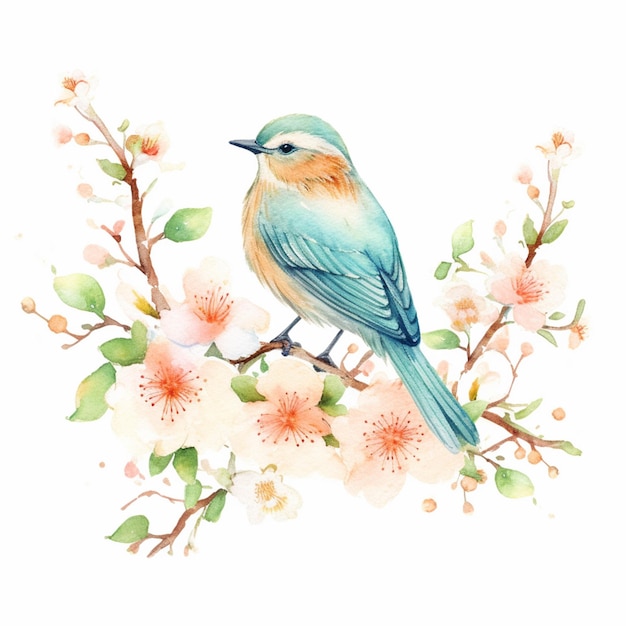 C'è un uccello seduto su un ramo con fiori generativi ai