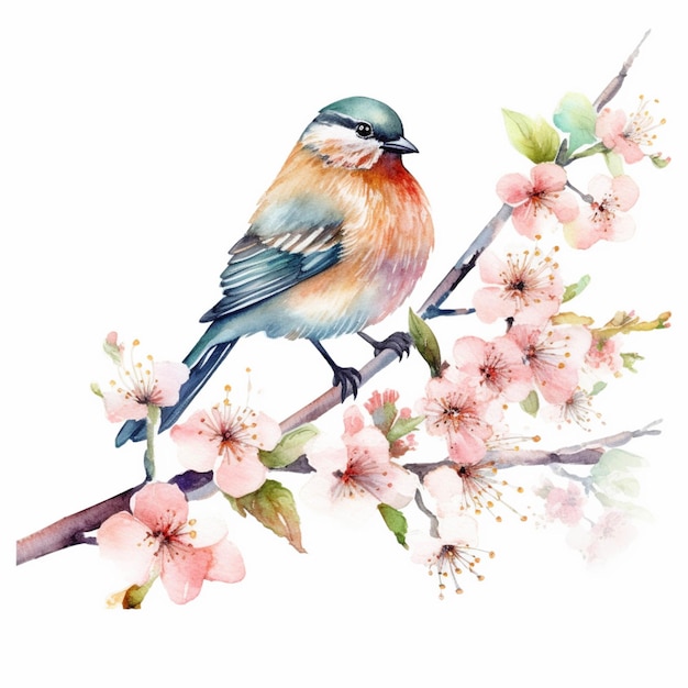 C'è un uccello seduto su un ramo con fiori su di esso generativo ai