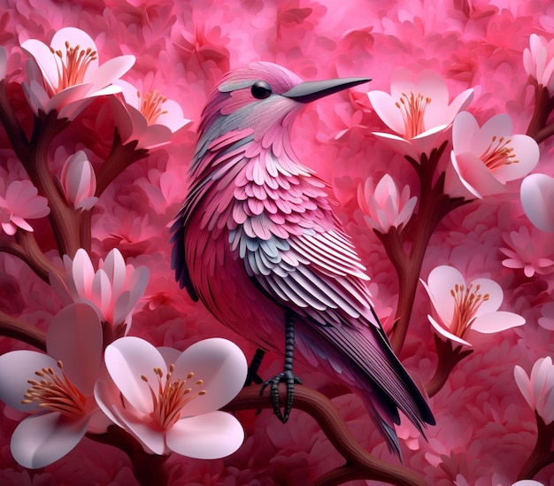C'è un uccello seduto su un ramo di un albero con fiori generativi ai