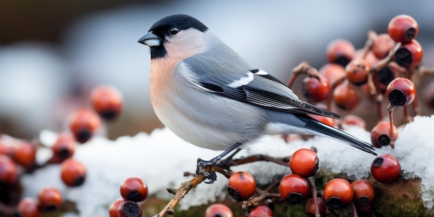 C'è un uccello seduto su un ramo di un albero coperto di neve generativa ai