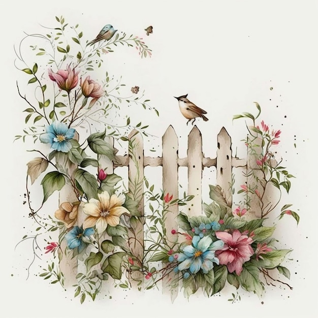 c'è un uccello seduto su un recinto con fiori e foglie generativi ai