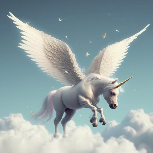 C'è un unicorno bianco con le ali che vola attraverso il cielo generativo ai