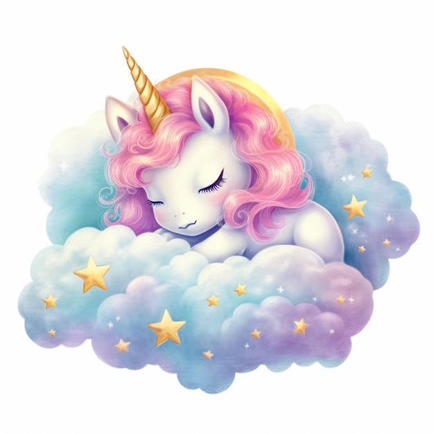 c'è un unicorno che dorme su una nuvola con stelle che generano ai