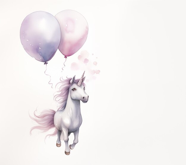 c'è un unicorno che vola con i palloncini nell'aria generativo ai