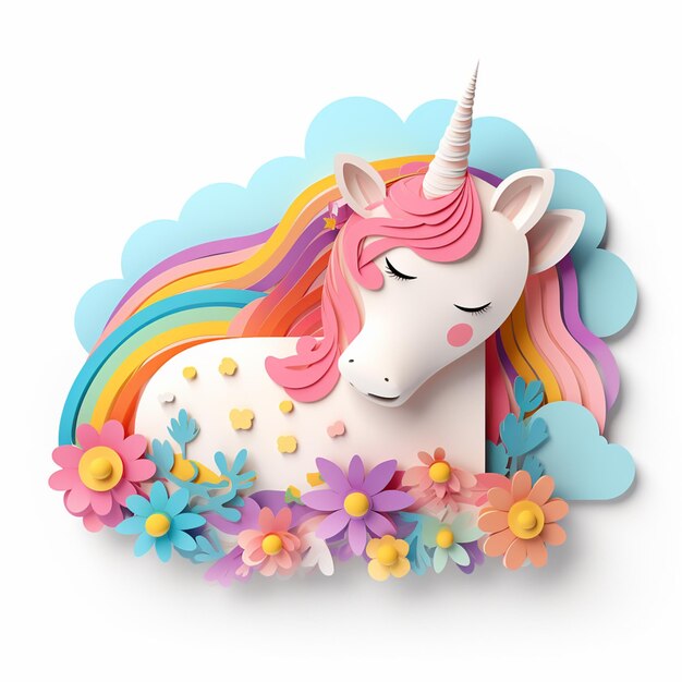 C'è un unicorno tagliato in carta con un arcobaleno e fiori generativi ai