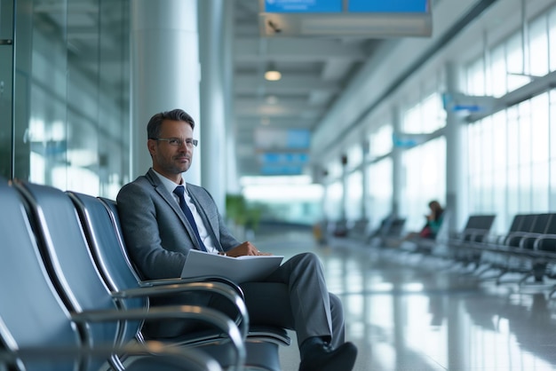 C'è un uomo che aspetta il suo volo in un terminal vuoto davanti al cancello di imbarco con