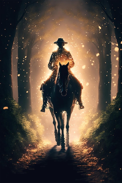 C'è un uomo che cavalca un cavallo attraverso una foresta di notte generativa ai