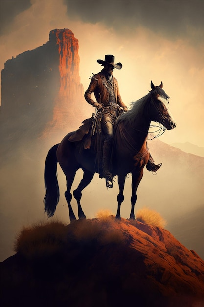 C'è un uomo che cavalca un cavallo su una collina con una montagna sullo sfondo generativo ai