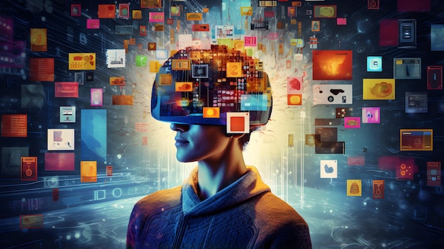 c'è un uomo con una testa virtuale davanti a un muro di oggetti colorati AI generativa