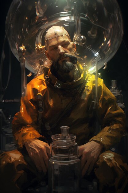 C'è un uomo in abito giallo seduto in un barattolo di vetro generativo ai