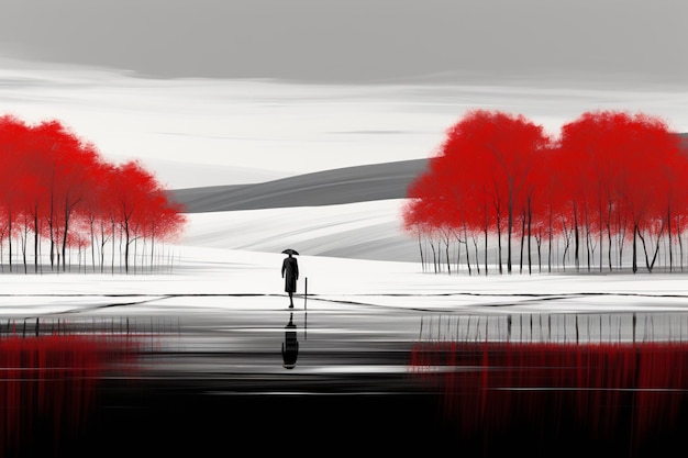 c'è un uomo in piedi in mezzo a un lago con alberi rossi generativo ai