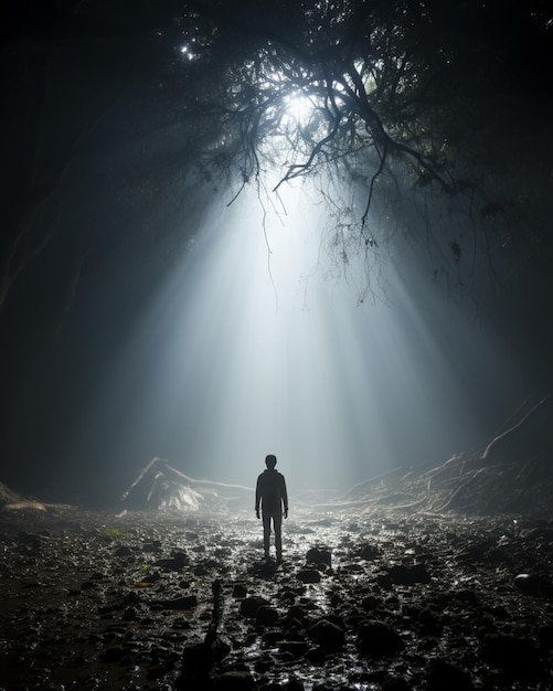 C'è un uomo in piedi in mezzo a una foresta buia generativo ai