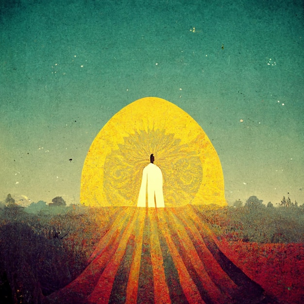 C'è un uomo in piedi in un campo con un sole sullo sfondo generativo ai