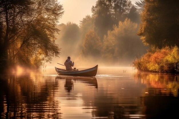 C'è un uomo in una barca su un lago con alberi generativi ai