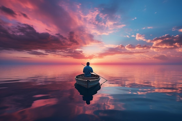 c'è un uomo in una barca sull'acqua al tramonto generativo ai