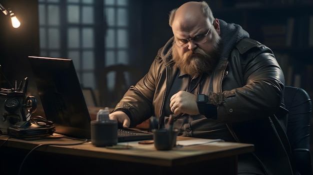 C'è un uomo seduto a una scrivania con un laptop generativo ai