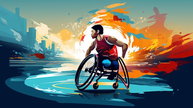 c'è un uomo su una sedia a rotelle su una spiaggia con un tramonto alle spalle generativo ai