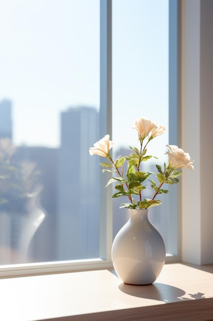 c'è un vaso bianco con dei fiori in esso seduto su un davanzale della finestra generativo ai