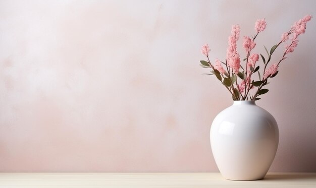 c'è un vaso bianco con fiori rosa su un tavolo ai generativo
