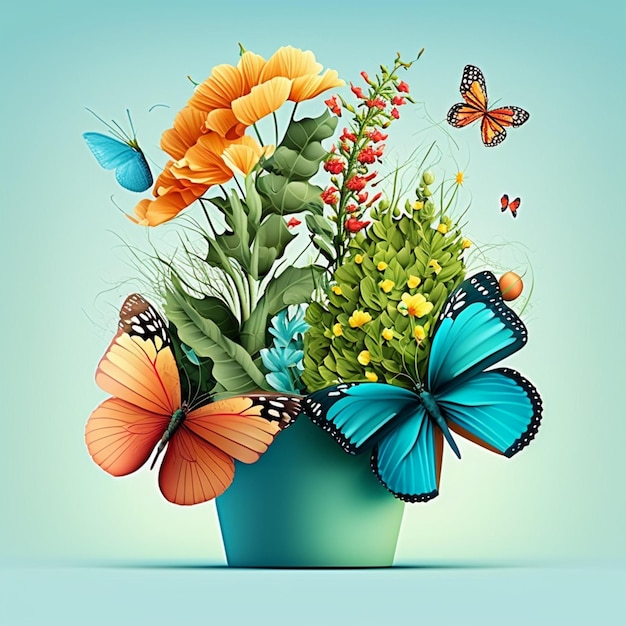 c'è un vaso blu con fiori e farfalle in esso generativo ai