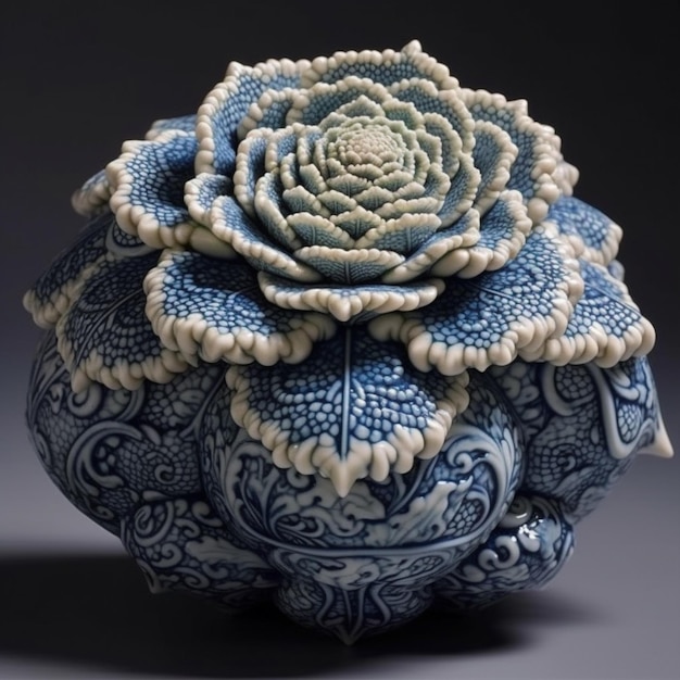 C'è un vaso blu e bianco con sopra un fiore generativo ai