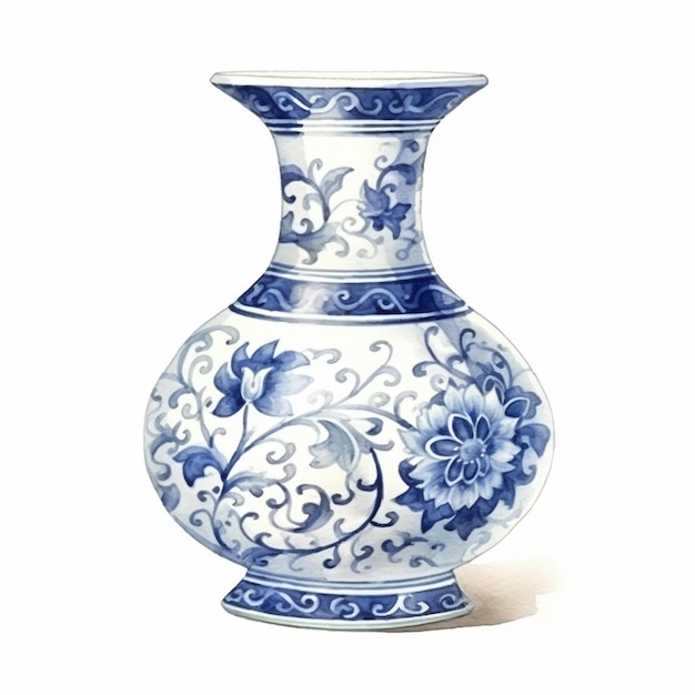 C'è un vaso blu e bianco con un disegno floreale su di esso generativo ai