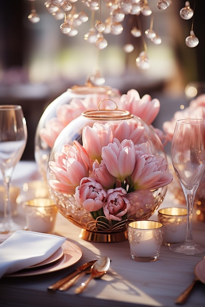 C'è un vaso con fiori rosa e candele d'oro su un tavolo generativo ai