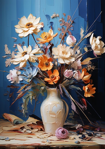 C'è un vaso con fiori su un tavolo con uno sfondo blu ai generativo