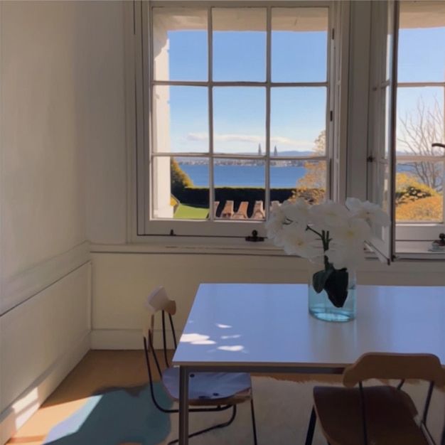 c'è un vaso con fiori su un tavolo davanti a una finestra generativa ai
