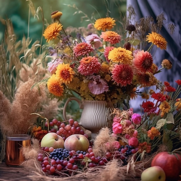 C'è un vaso di fiori e frutta su un tavolo generativo ai