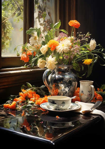 C'è un vaso di fiori su un tavolo con una tazza e un piattino generativo ai