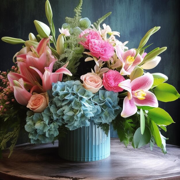 c'è un vaso di fiori su un tavolo con uno sfondo scuro generativo ai