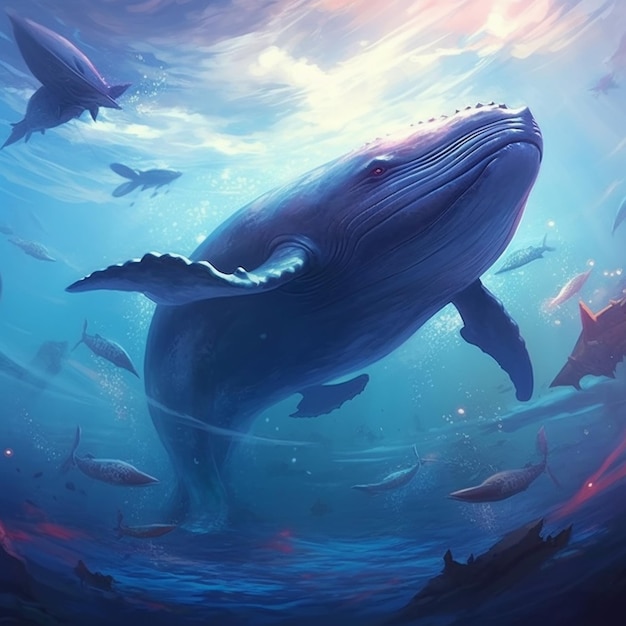 c'è una balena che sta nuotando nell'acqua generativo ai
