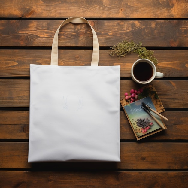 C'è una borsa bianca con una foto accanto a una tazza di caffè generativo ai