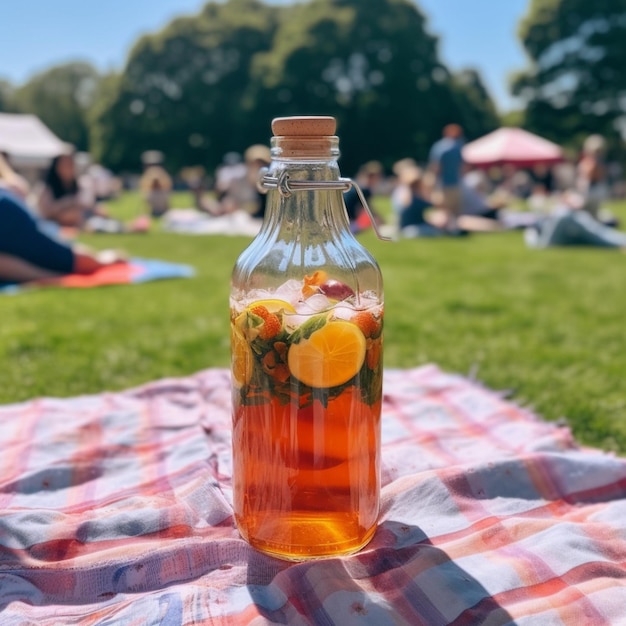 C'è una bottiglia d'acqua con arance e menta su una coperta da picnic generativa ai