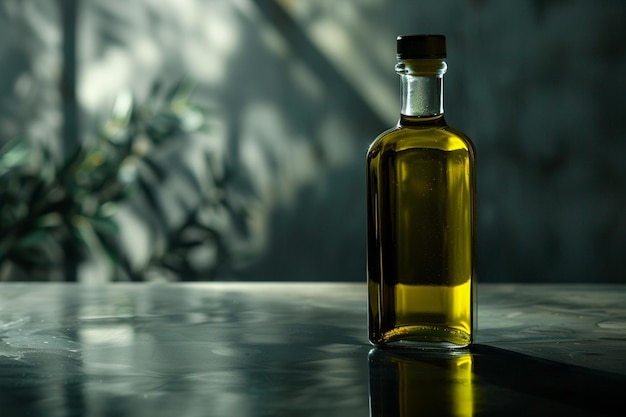 c'è una bottiglia di olio d'oliva su un tavolo con una pianta sullo sfondo