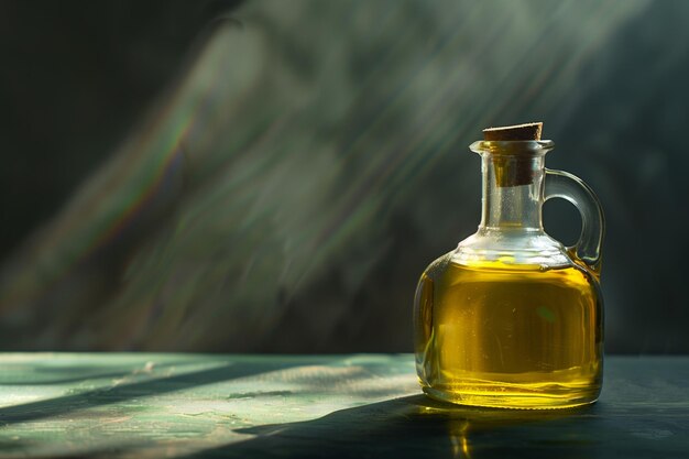 c'è una bottiglia di olio d'oliva su un tavolo con uno sfondo sfocato