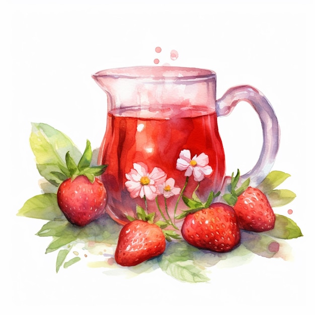 C'è una brocca di tè con fragole e fiori sul tavolo generativo ai