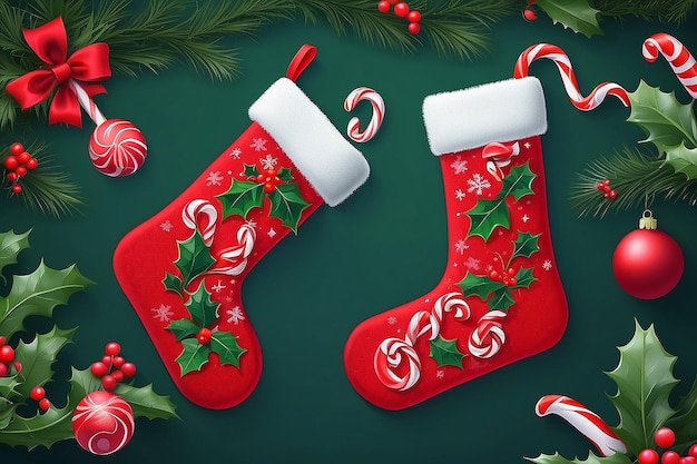 C'è una calza di Natale rossa con un bastone di caramelle e foglie di aceto generativo ai