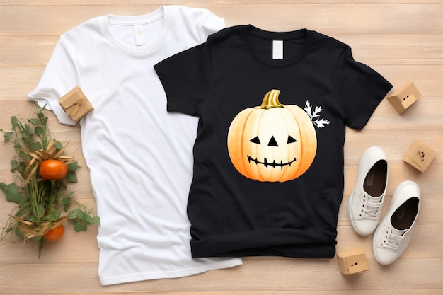 c'è una camicia nera con una zucca su di essa accanto a un paio di scarpe bianche generativo ai