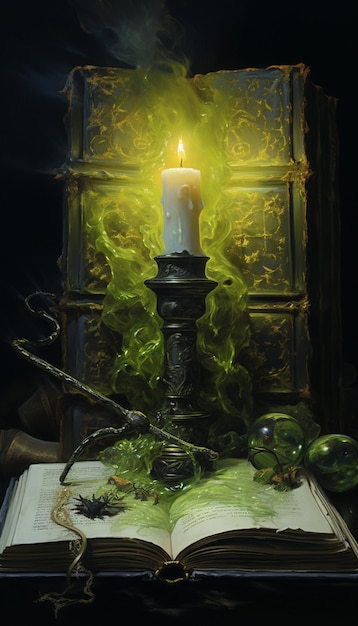 C'è una candela che è accesa su un libro con una candela generativa ai