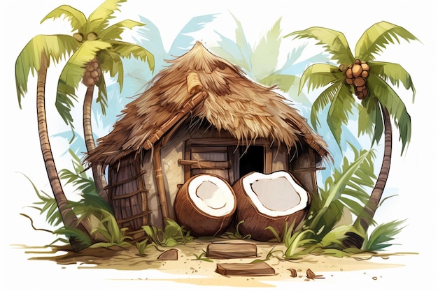 C'è una capanna con noci di cocco e un tetto di paglia generativo ai