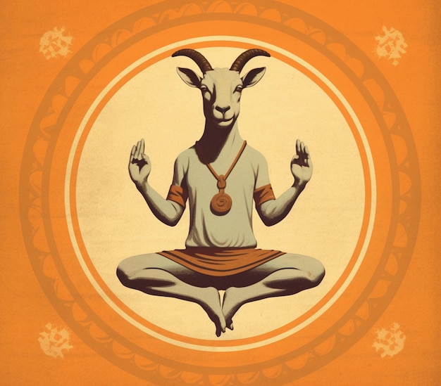 c'è una capra seduta in una postura di yoga con un medaglione intorno al collo generativo ai