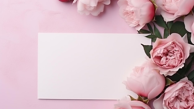 C'è una carta bianca circondata da fiori rosa su una superficie rosa generativa ai