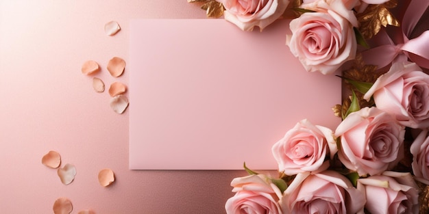 C'è una carta rosa circondata da rose rosa e petali generativi ai