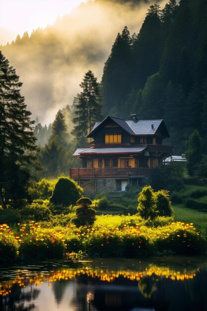 c'è una casa che è seduta su una collina vicino all'acqua generativa ai